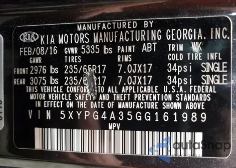 2016 Kia Sorento Lx z USA, uszkodzony, nr VIN 5XYPG4A35GG161989